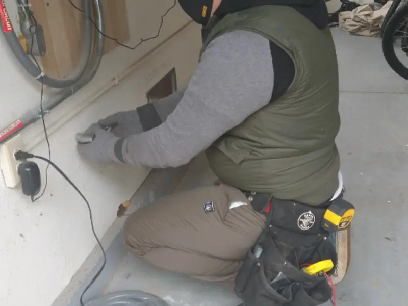 Electrician performing outlet wiring in a Forest Hill garage